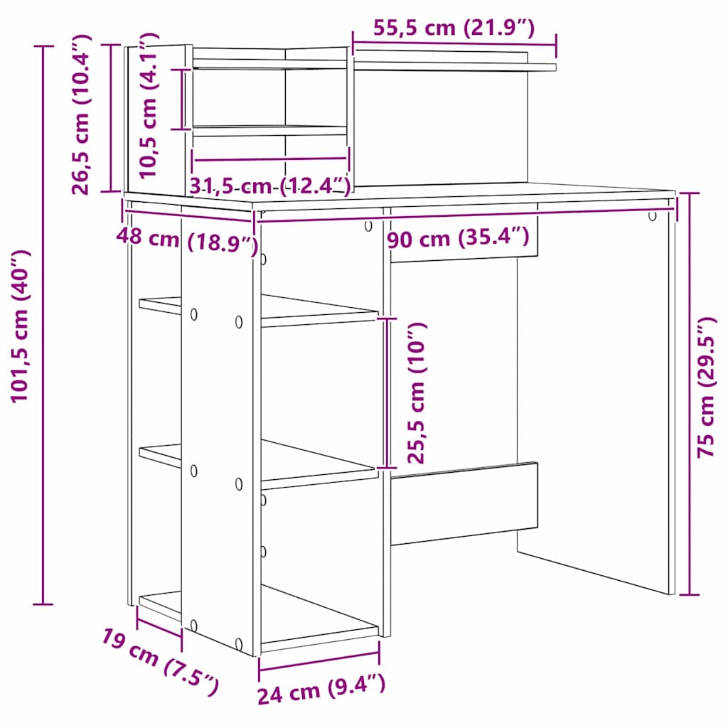 Bureau met plank Grijs Sonoma 90 x 48 x 101,5 cm Bewerkt hout