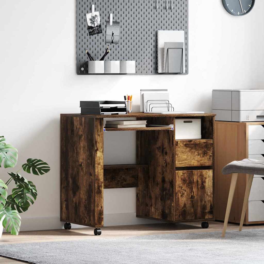 Bureau met Wielen Gerookt eiken 91 x 50 x 77 cm Bewerkt hout