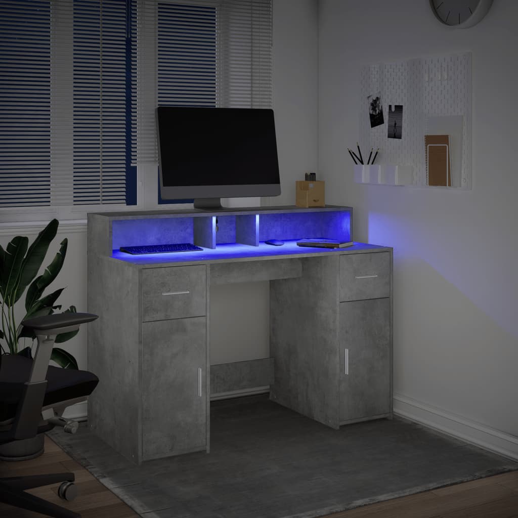 Desk with LED lighting 120x55x91 cm processed wood concrete gray