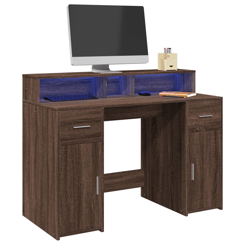 Desk with LED lighting 120x55x91 cm wood brown oak color