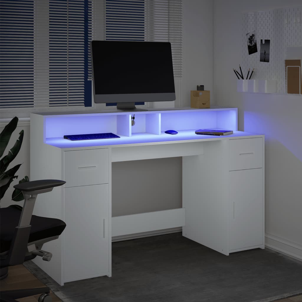 Bureau met LED-verlichting 140x55x91 cm bewerkt hout wit