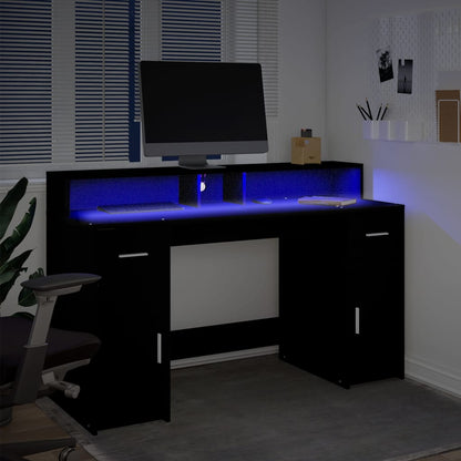 Desk with LED lighting 140x55x91 cm processed wood black