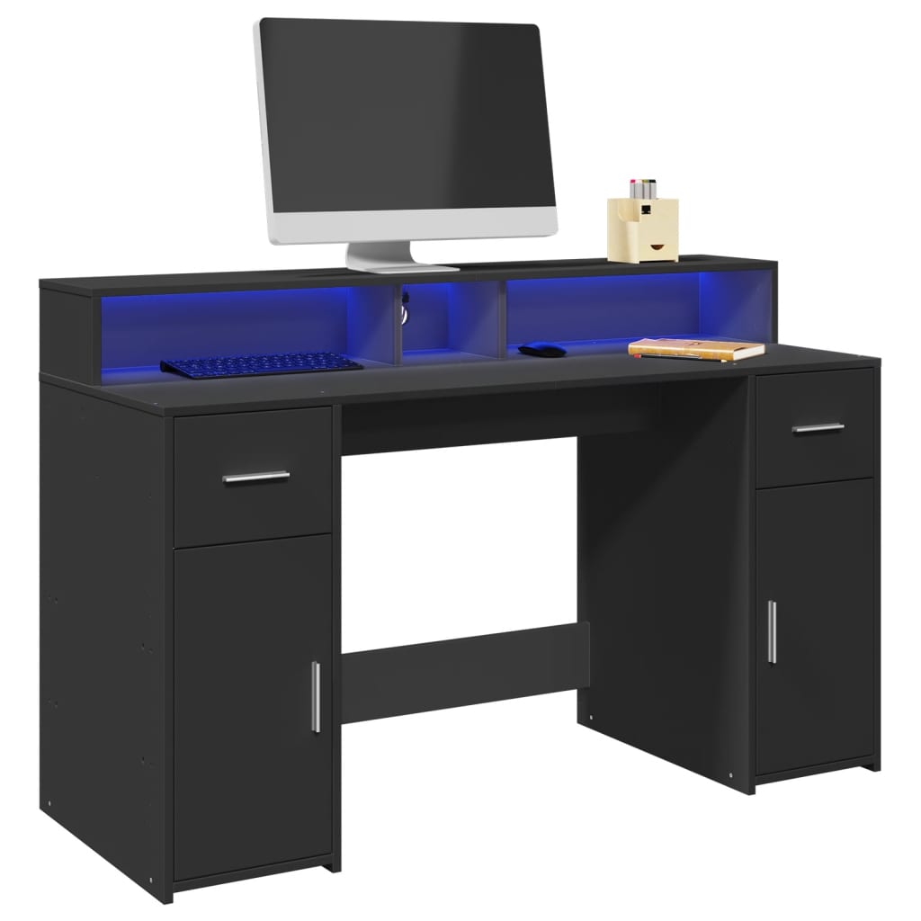 Desk with LED lighting 140x55x91 cm processed wood black