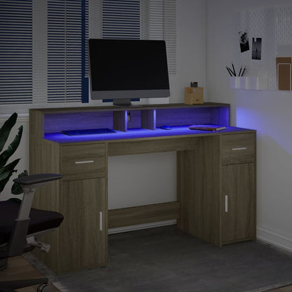 Desk with LED lighting 140x55x91 cm wood sonoma oak color
