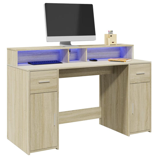 Desk with LED lighting 140x55x91 cm wood sonoma oak color