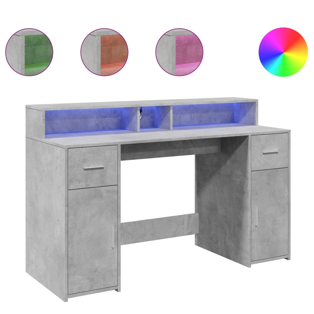 Bureau met LED-verlichting 140x55x91 cm bewerkt hout betongrijs