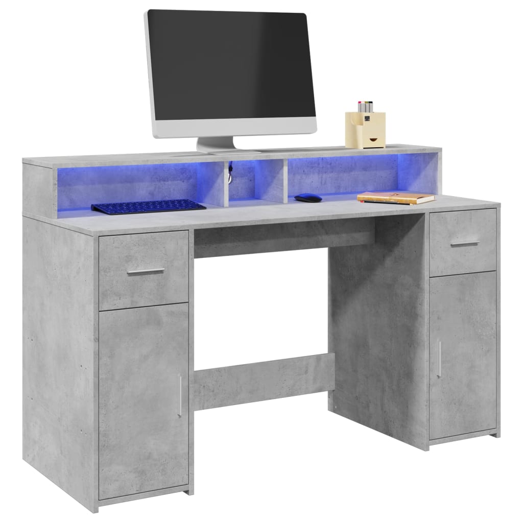 Bureau met LED-verlichting 140x55x91 cm bewerkt hout betongrijs