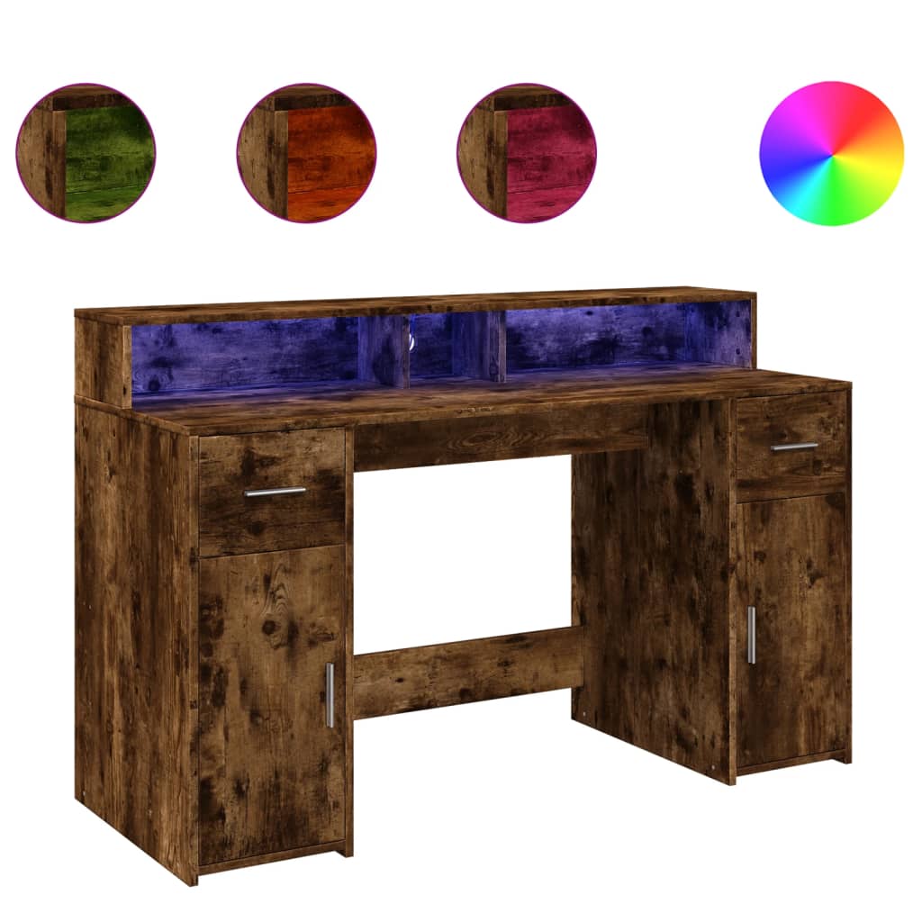 Desk with LED lighting 140x55x91 cm wood smoked oak color
