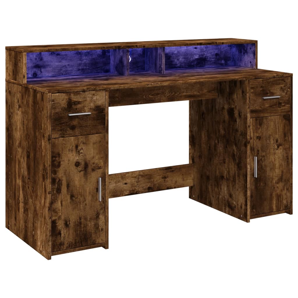 Desk with LED lighting 140x55x91 cm wood smoked oak color