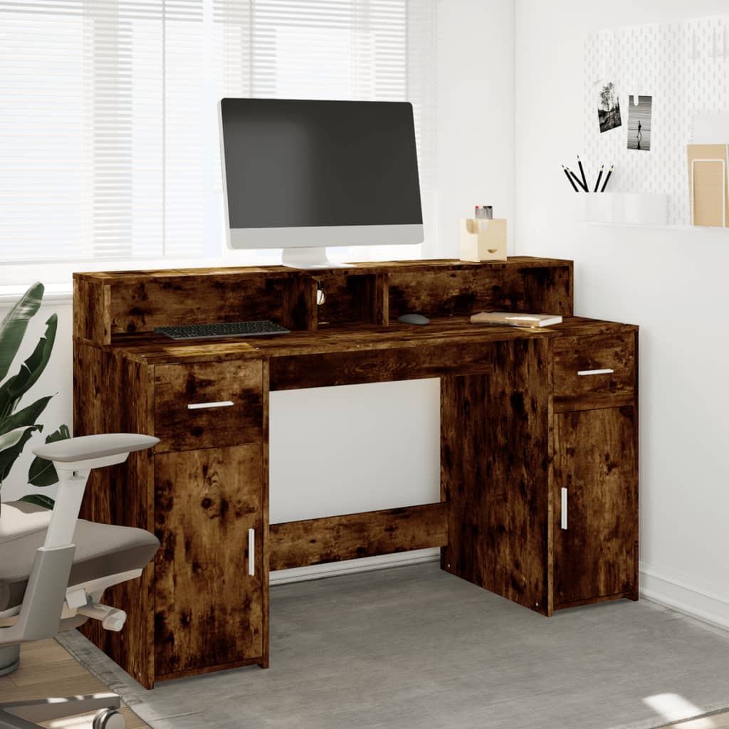 Desk with LED lighting 140x55x91 cm wood smoked oak color