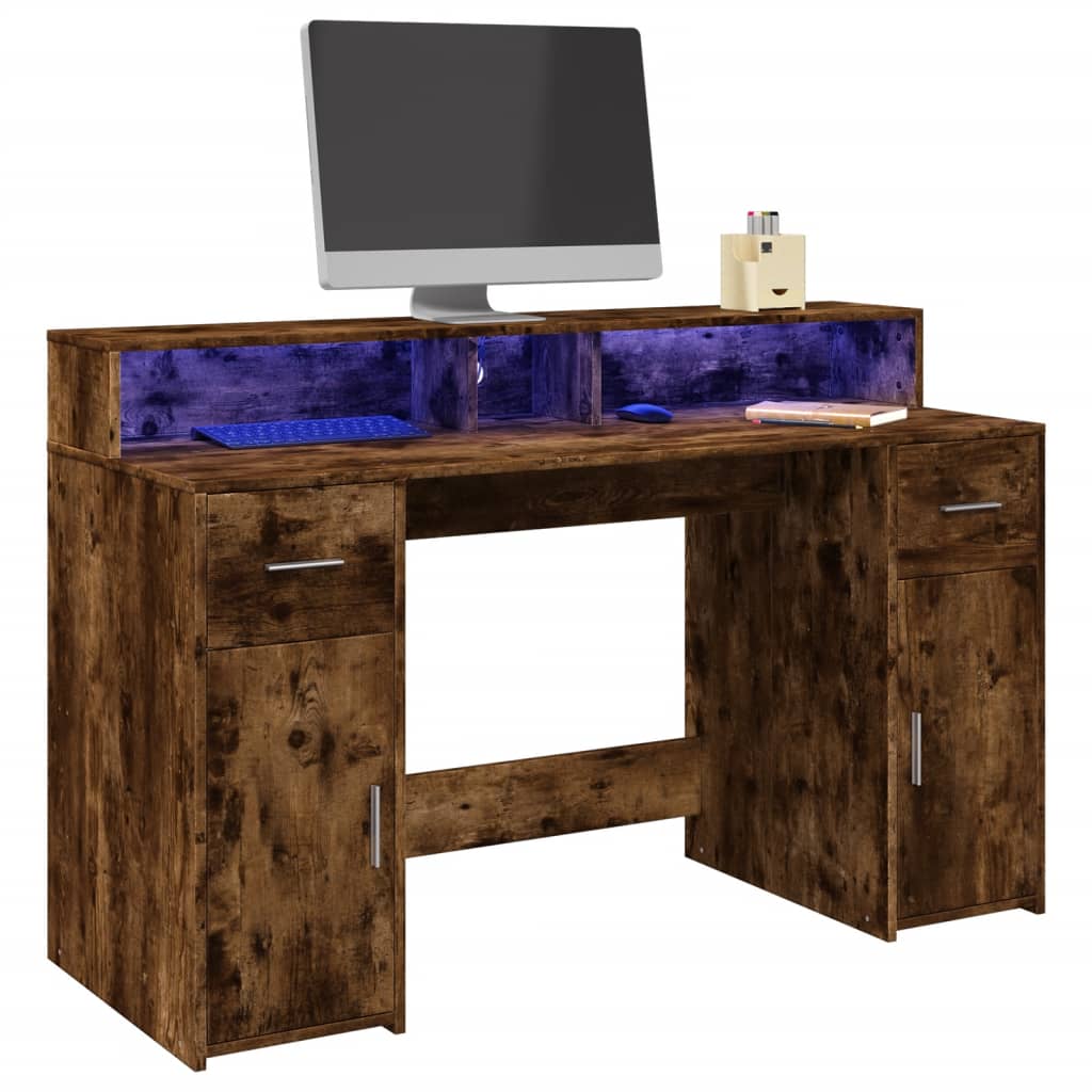 Desk with LED lighting 140x55x91 cm wood smoked oak color