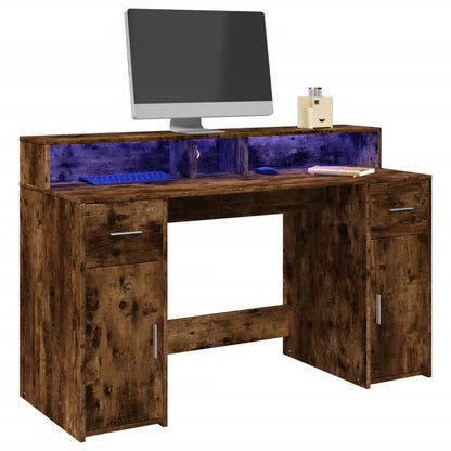 Desk with LED lighting 140x55x91 cm wood smoked oak color