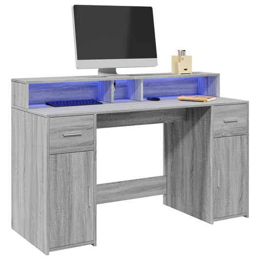 Desk with LED lighting 140x55x91 cm wood gray sonoma oak