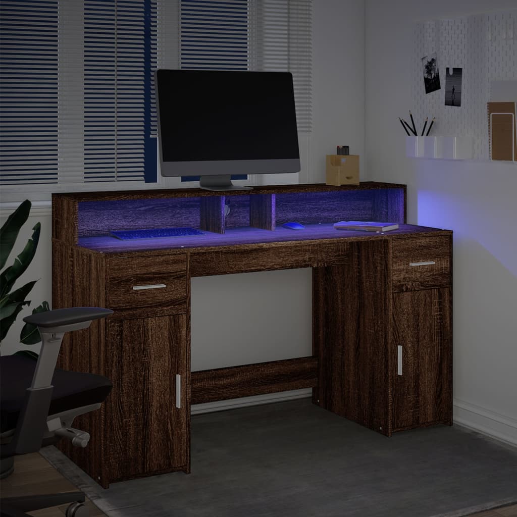 Schreibtisch mit LED-Beleuchtung 140x55x91 cm Holz braun Eiche Farbe