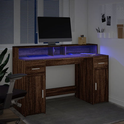 Schreibtisch mit LED-Beleuchtung 140x55x91 cm Holz braun Eiche Farbe