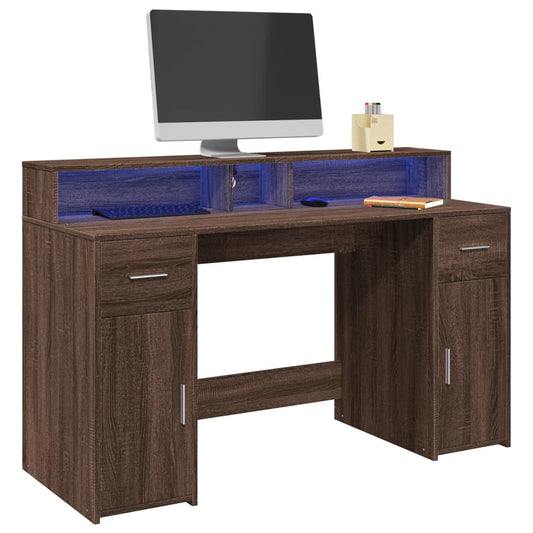 Desk with LED lighting 140x55x91 cm wood brown oak color