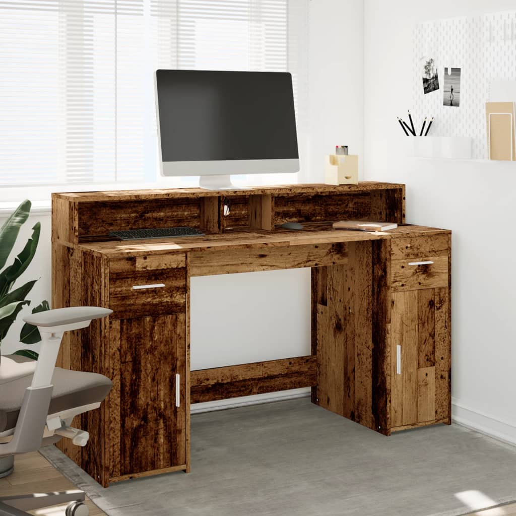 Desk with LED lighting 140x55x91 cm processed wood old wood