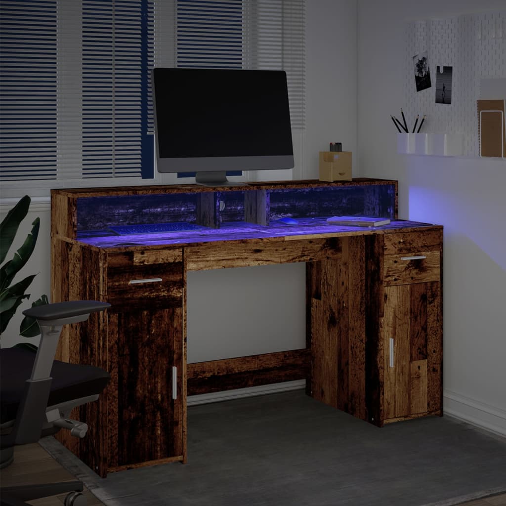 Desk with LED lighting 140x55x91 cm processed wood old wood
