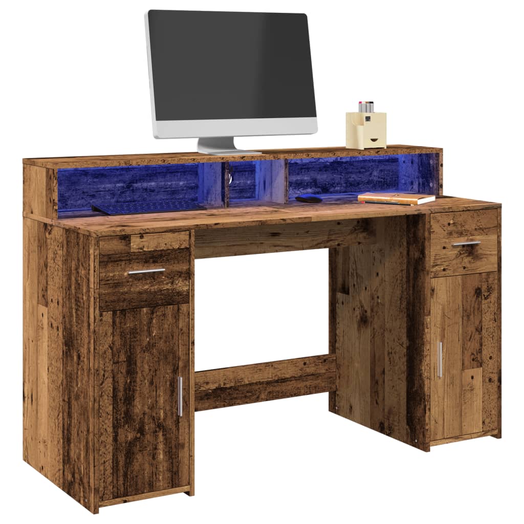 Desk with LED lighting 140x55x91 cm processed wood old wood