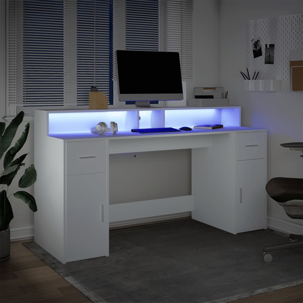 Desk with LED lighting 160x55x91 cm processed wood white
