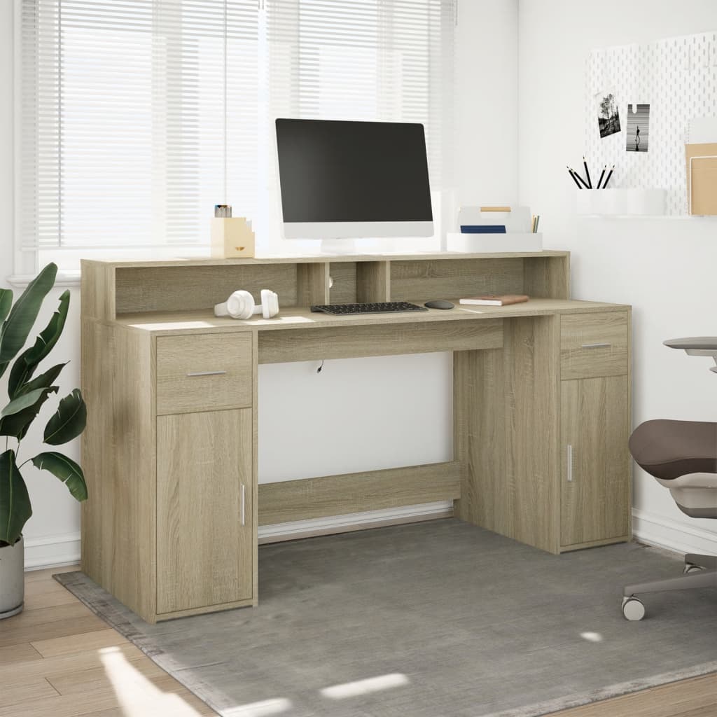 Desk with LED lighting 160x55x91 cm wood sonoma oak color
