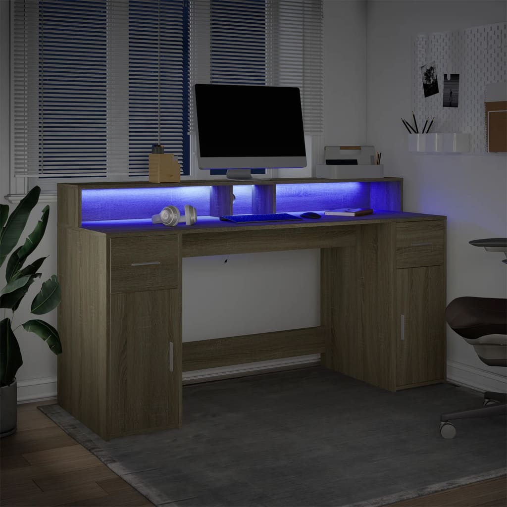 Desk with LED lighting 160x55x91 cm wood sonoma oak color