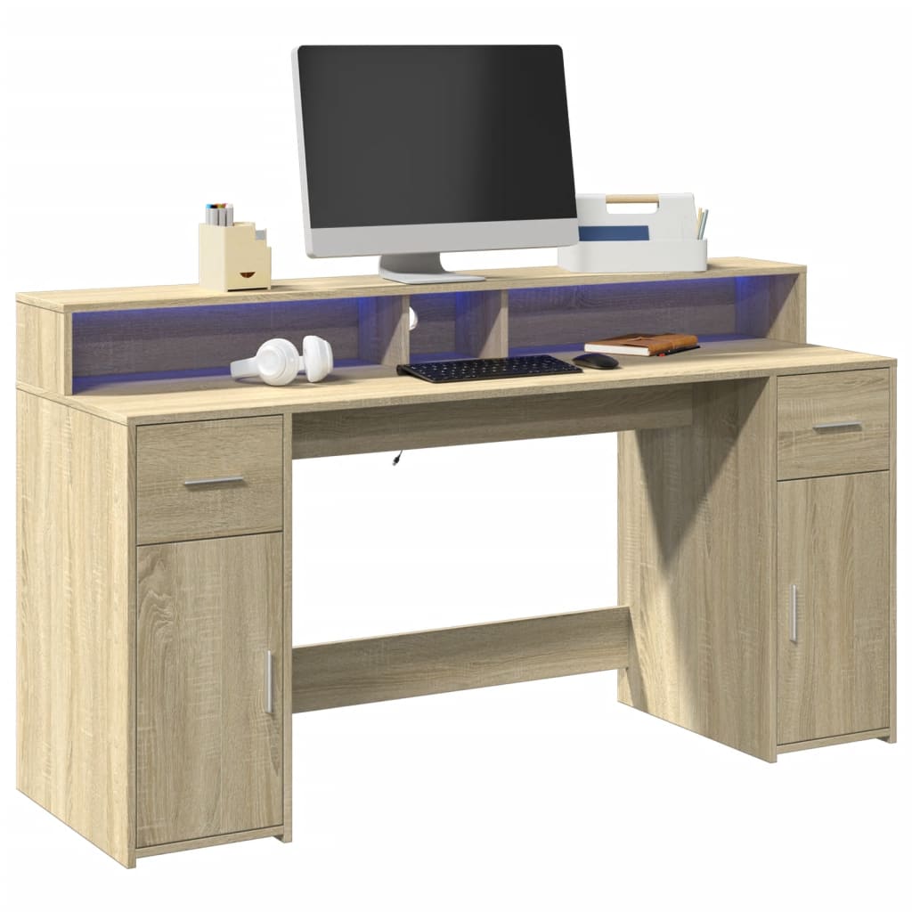 Desk with LED lighting 160x55x91 cm wood sonoma oak color