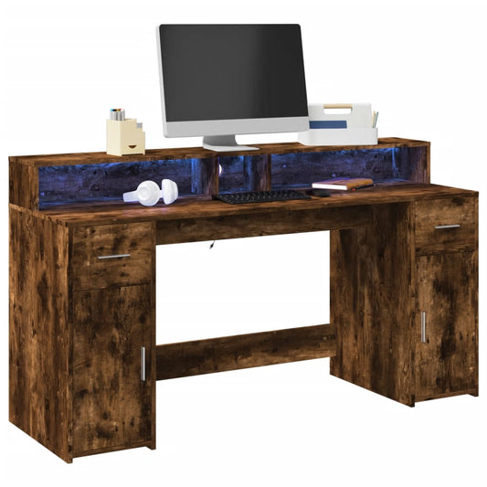 Desk with LED lighting 160x55x91 cm wood smoked oak color