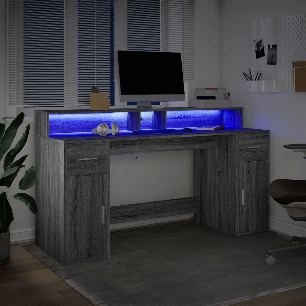 Desk with LED lighting 160x55x91 cm wood gray sonoma oak