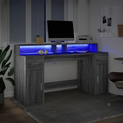 Desk with LED lighting 160x55x91 cm wood gray sonoma oak