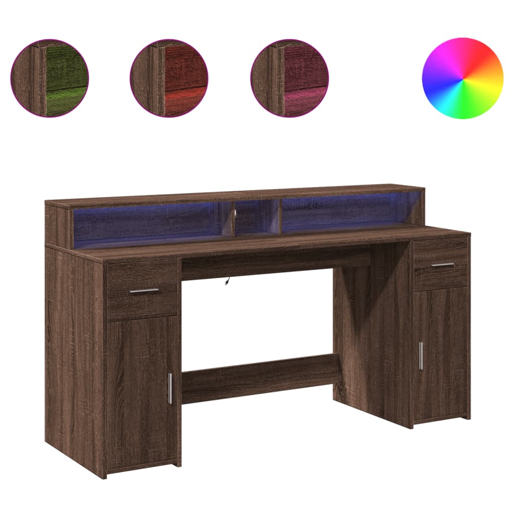 Desk with LED lighting 160x55x91 cm wood brown oak color