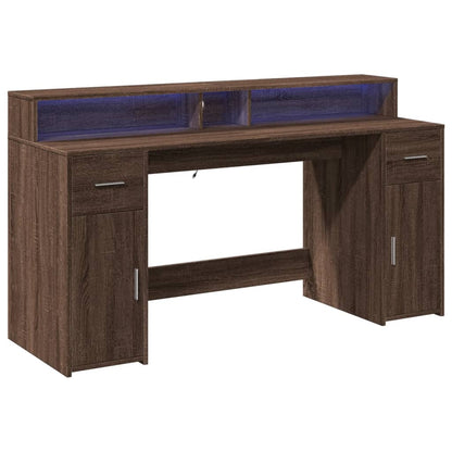 Desk with LED lighting 160x55x91 cm wood brown oak color