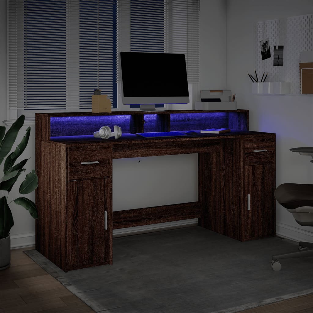 Desk with LED lighting 160x55x91 cm wood brown oak color
