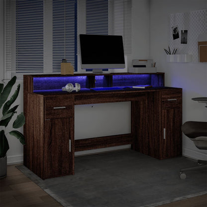 Desk with LED lighting 160x55x91 cm wood brown oak color