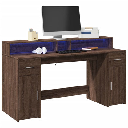 Desk with LED lighting 160x55x91 cm wood brown oak color