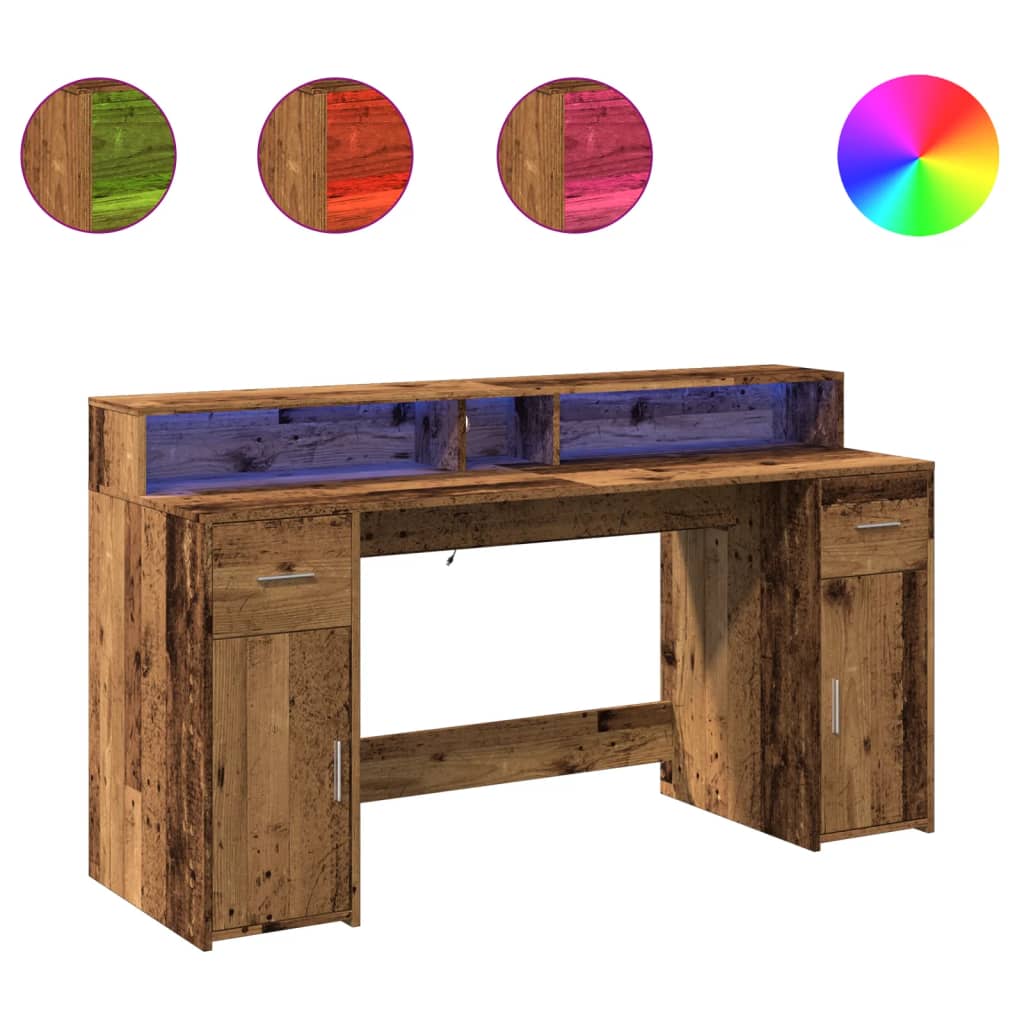 Bureau met LED-verlichting 160x55x91 cm bewerkt hout oud hout