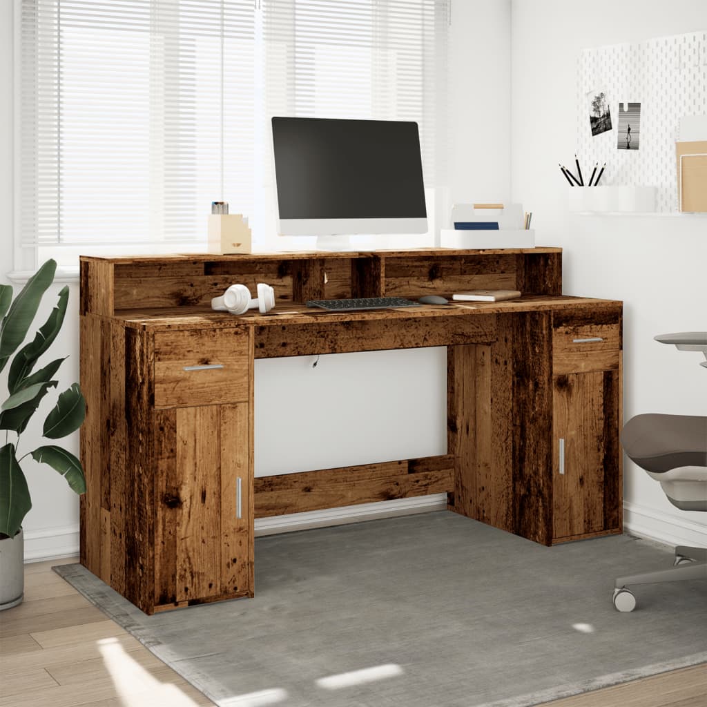 Bureau met LED-verlichting 160x55x91 cm bewerkt hout oud hout