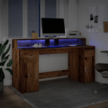 Bureau met LED-verlichting 160x55x91 cm bewerkt hout oud hout