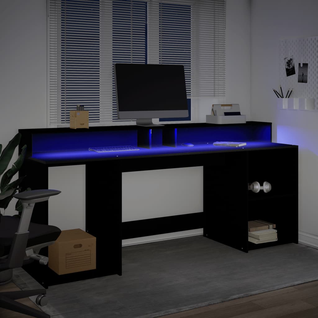 Desk with LED lighting 200x55x91 cm processed wood black