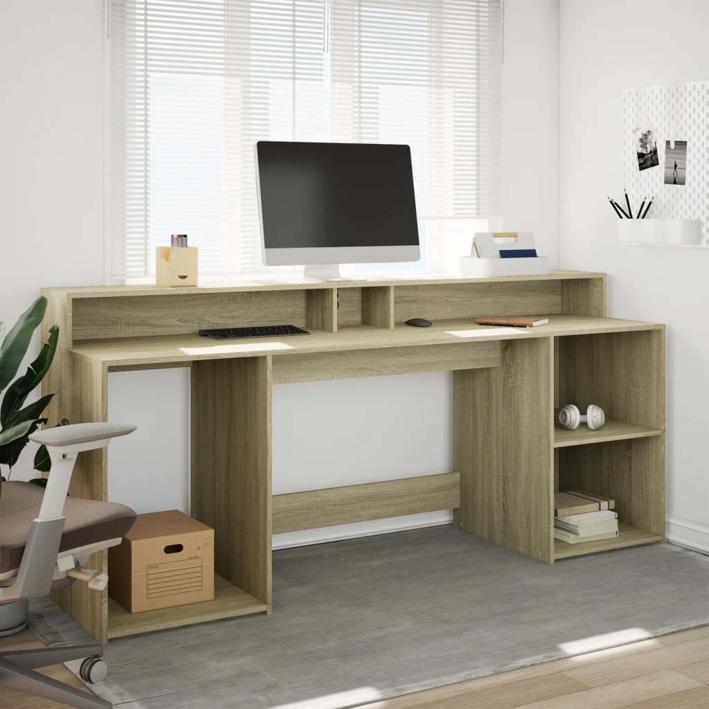 Desk with LED lighting 200x55x91 cm wood sonoma oak color