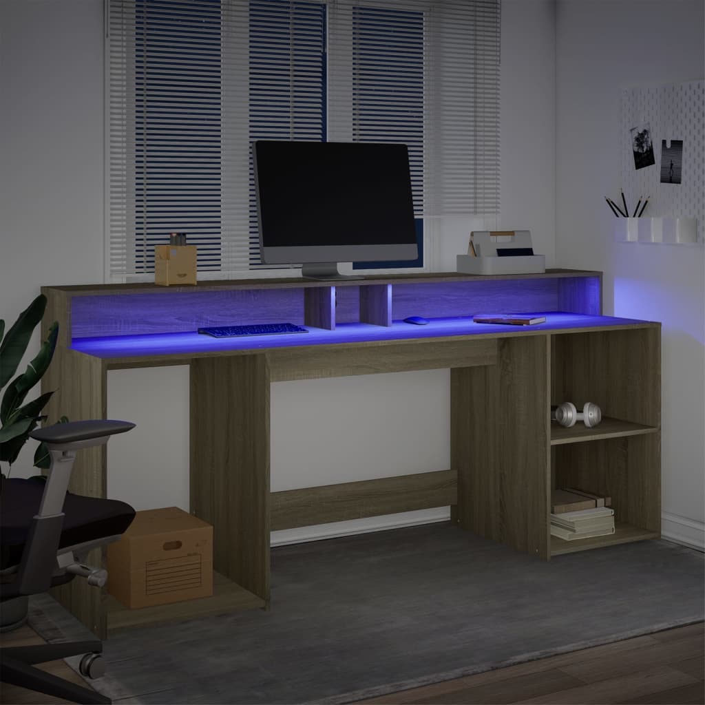 Desk with LED lighting 200x55x91 cm wood sonoma oak color