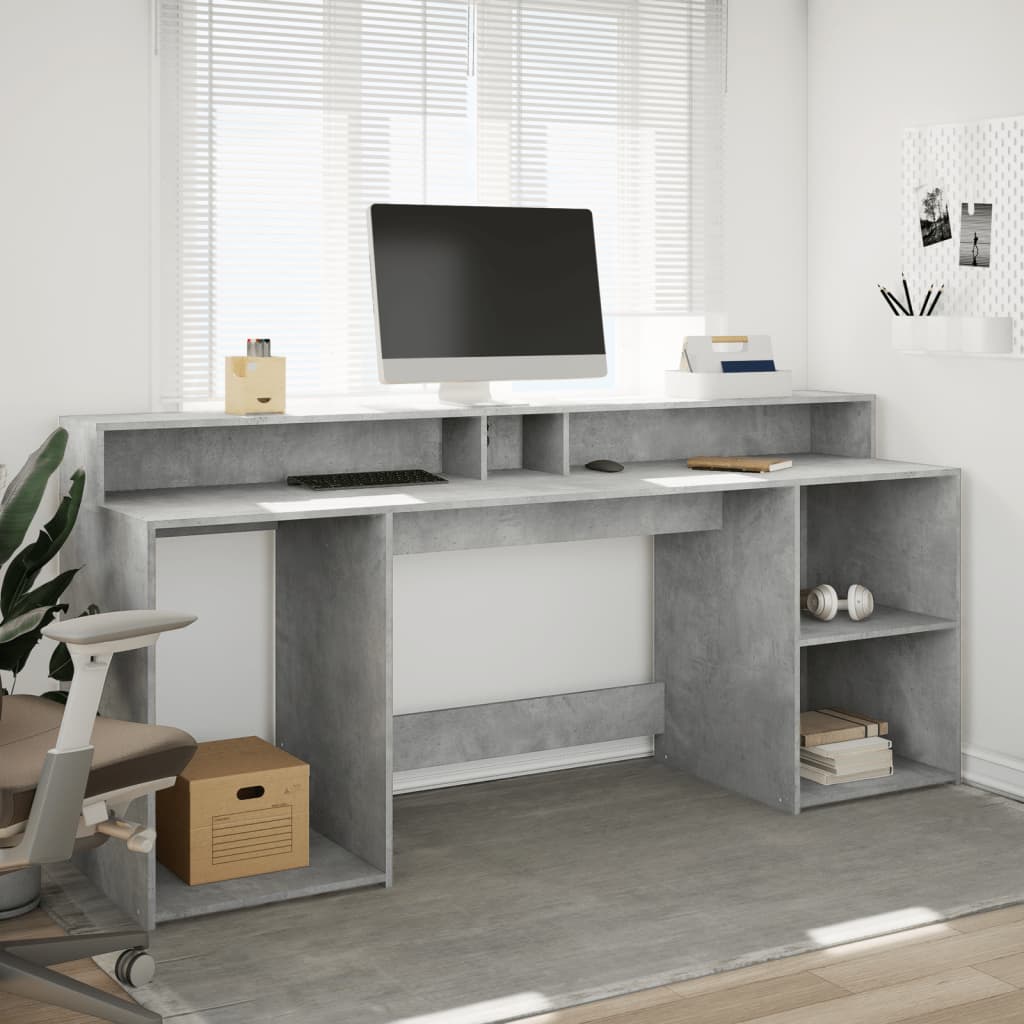 Desk with LED lighting 200x55x91 cm processed wood concrete gray