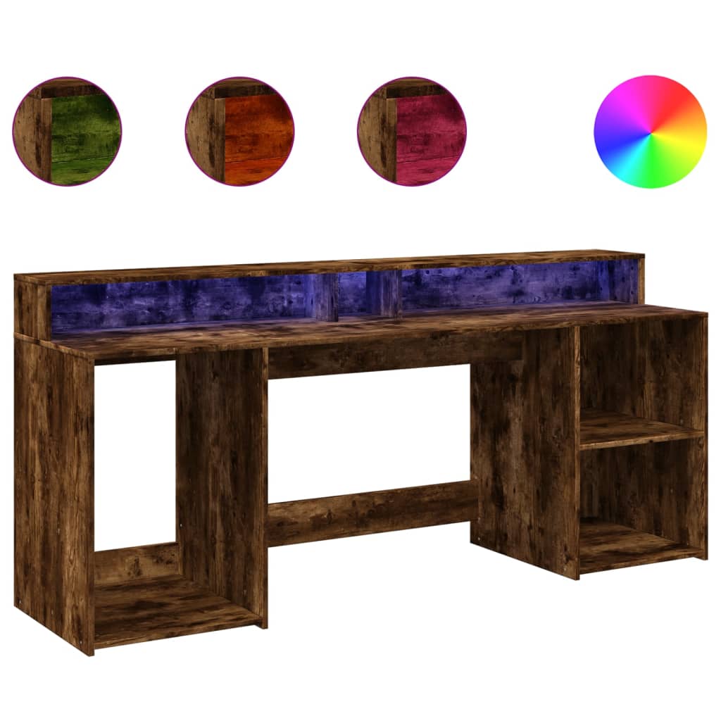 Desk with LED lighting 200x55x91 cm wood smoked oak color