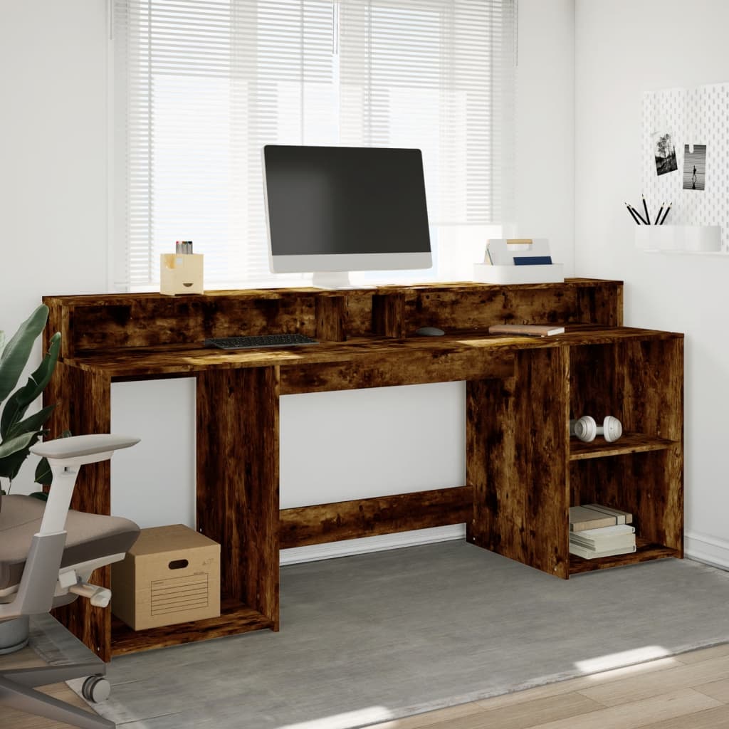 Desk with LED lighting 200x55x91 cm wood smoked oak color