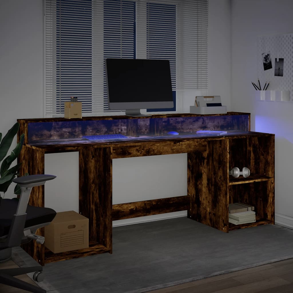 Desk with LED lighting 200x55x91 cm wood smoked oak color