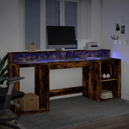 Desk with LED lighting 200x55x91 cm wood smoked oak color