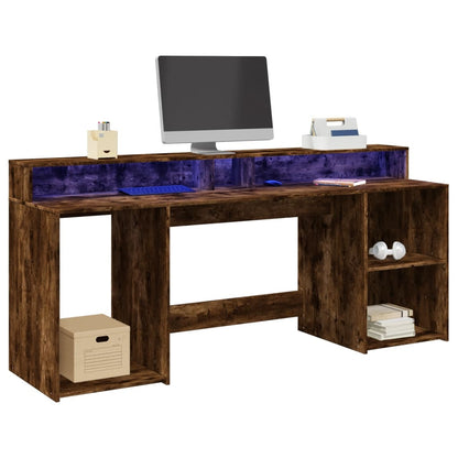 Desk with LED lighting 200x55x91 cm wood smoked oak color