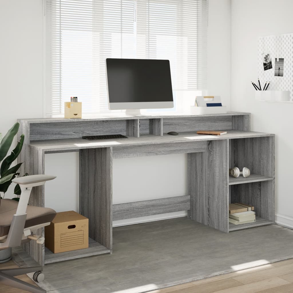 Desk with LED lighting 200x55x91 cm wood gray sonoma oak