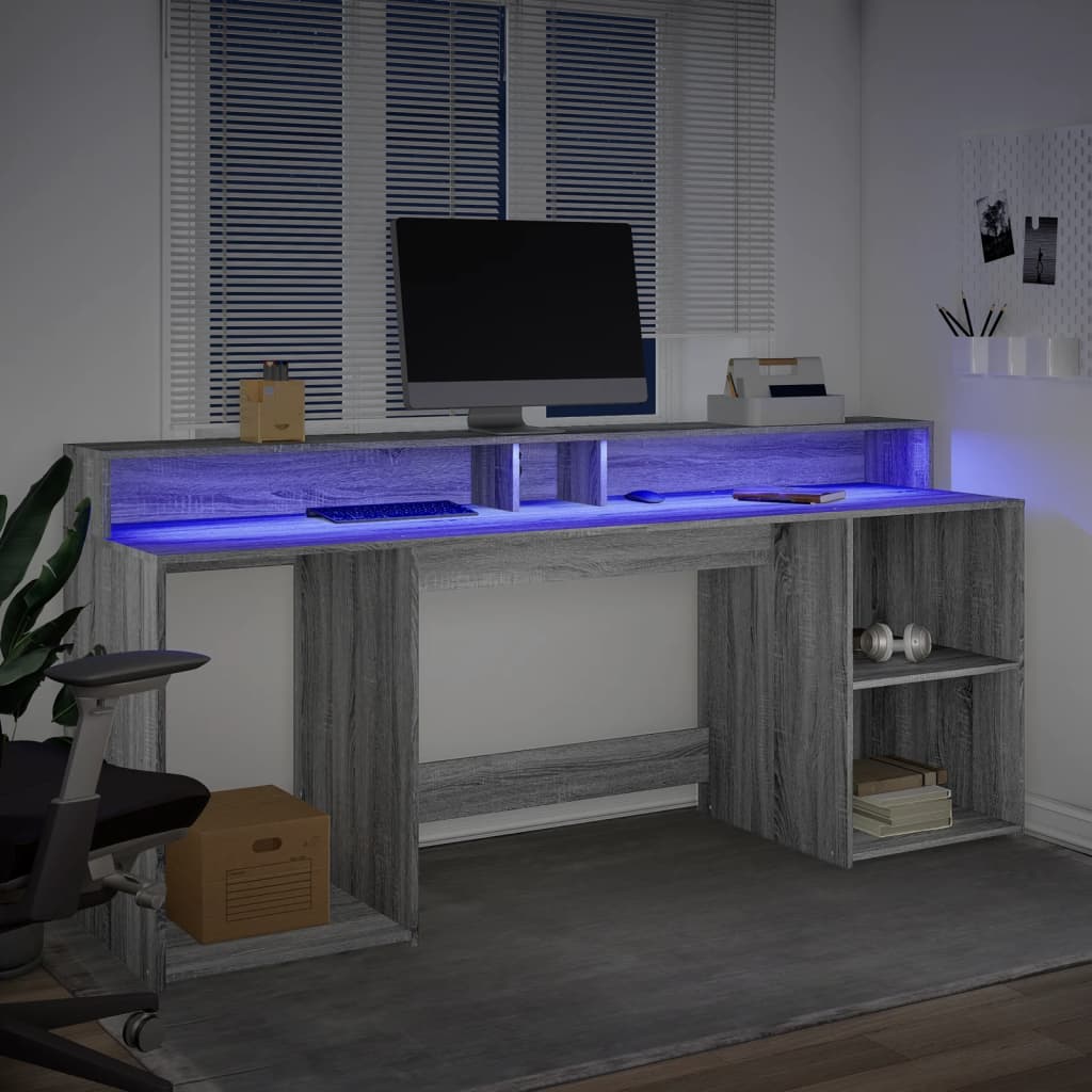 Desk with LED lighting 200x55x91 cm wood gray sonoma oak