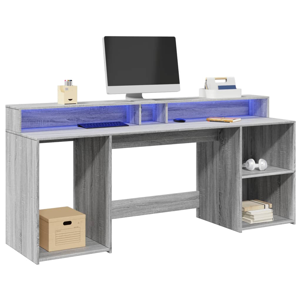 Desk with LED lighting 200x55x91 cm wood gray sonoma oak
